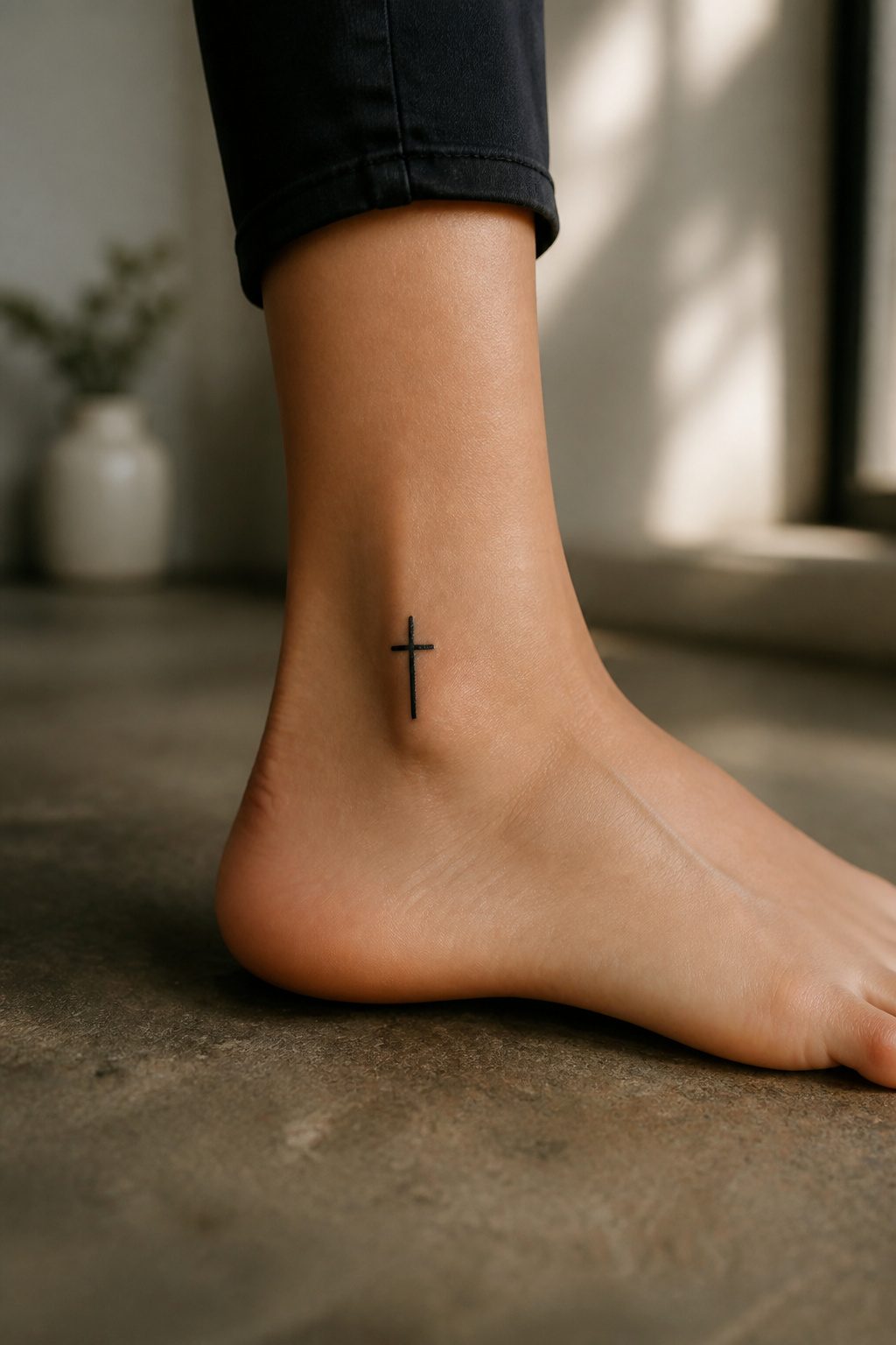 A cross tattoo located on the ankle.