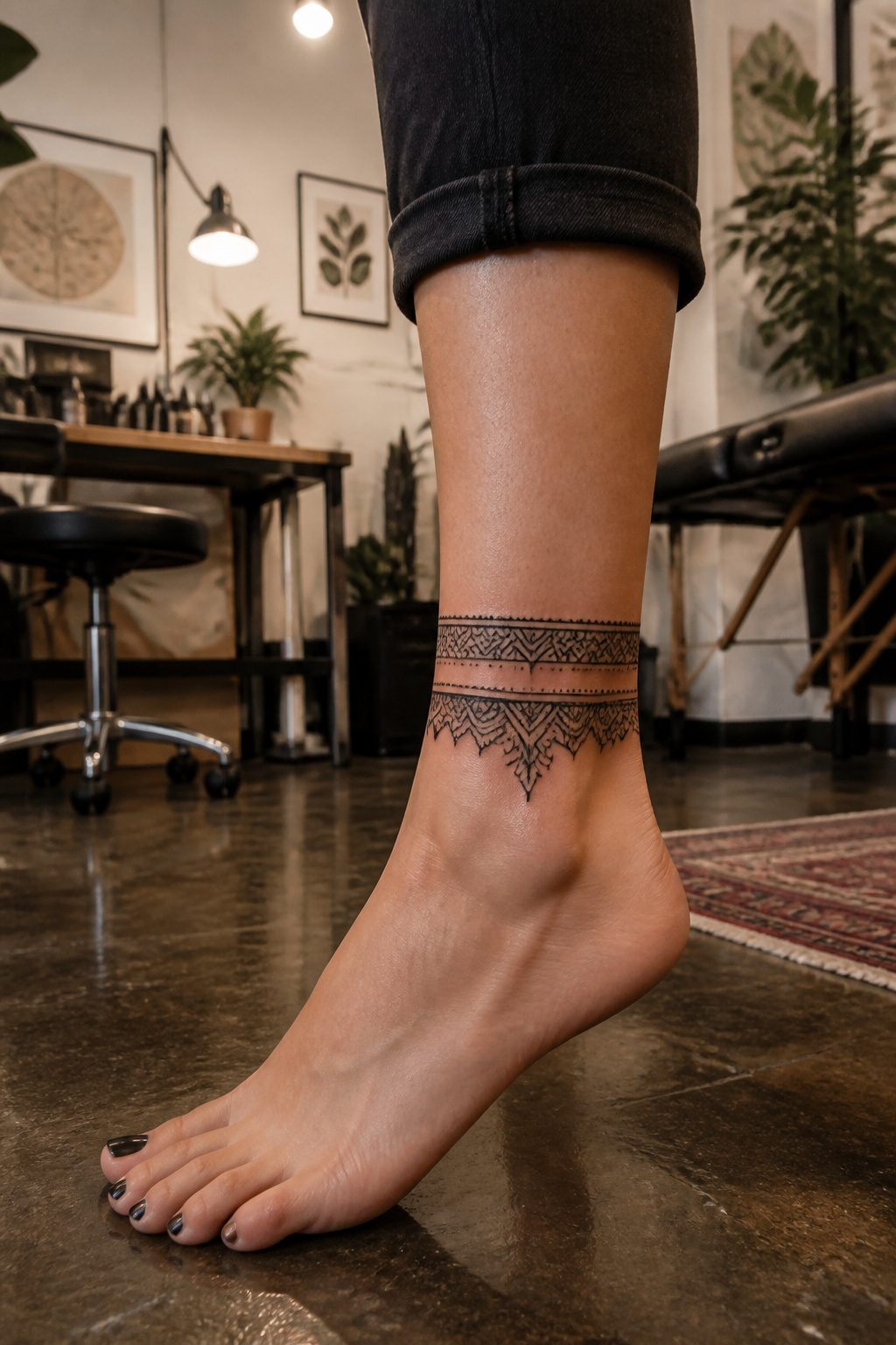 An ankle cuff tattoo featuring intricate designs.