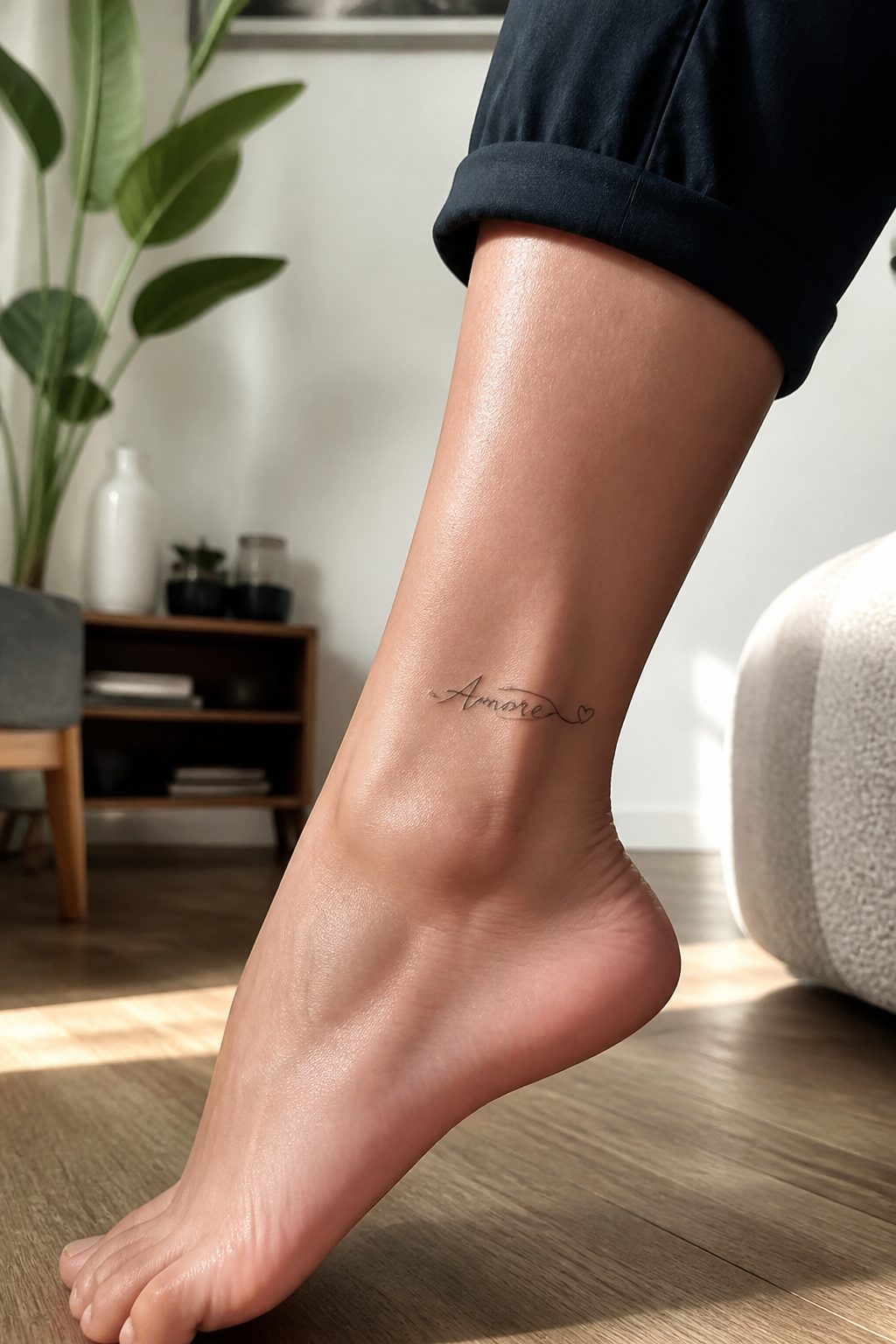 A name tattoo positioned on the outer ankle.