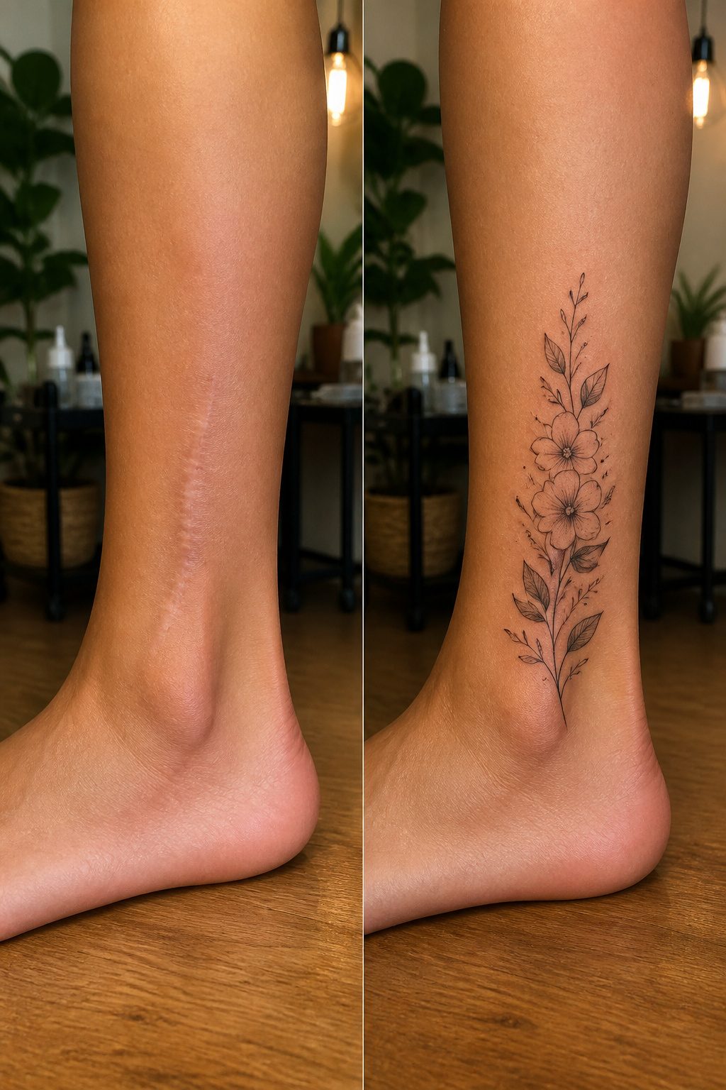 A tattoo on scarred ankle skin.