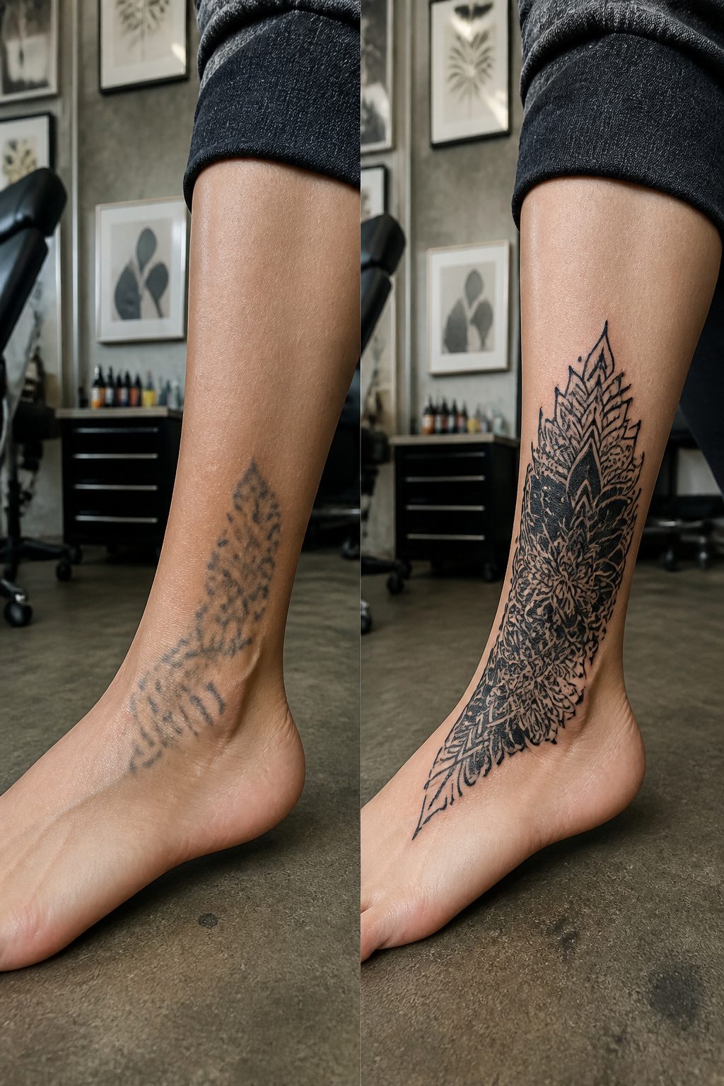A cover-up tattoo on the ankle featuring ornamental patterns.