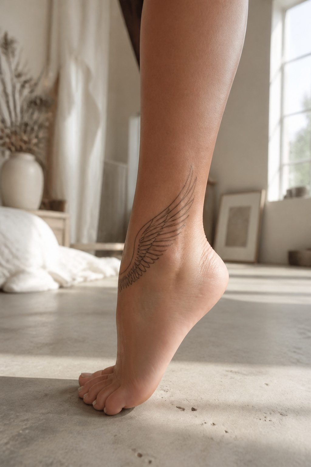 A wing tattoo wrapped around the ankle.