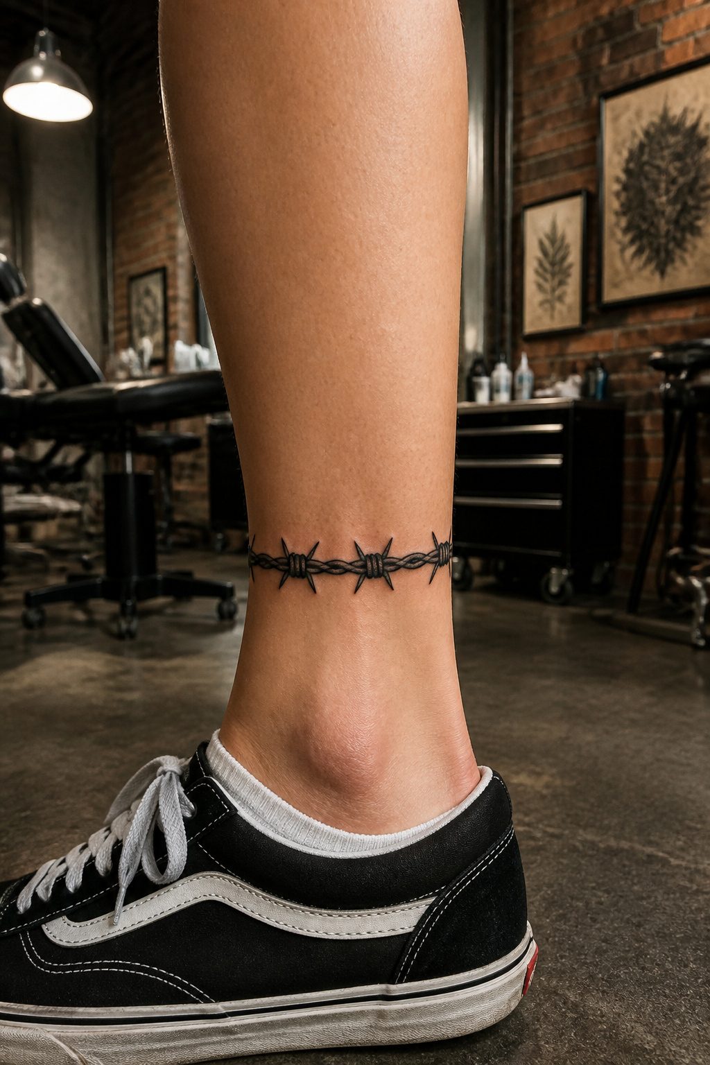 A barbed wire tattoo wrapped around the ankle.