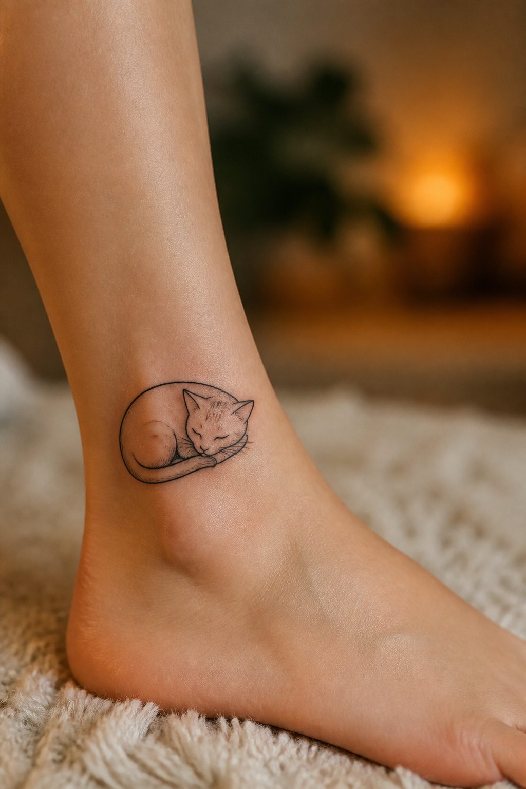 A sleeping cat tattoo on the ankle.