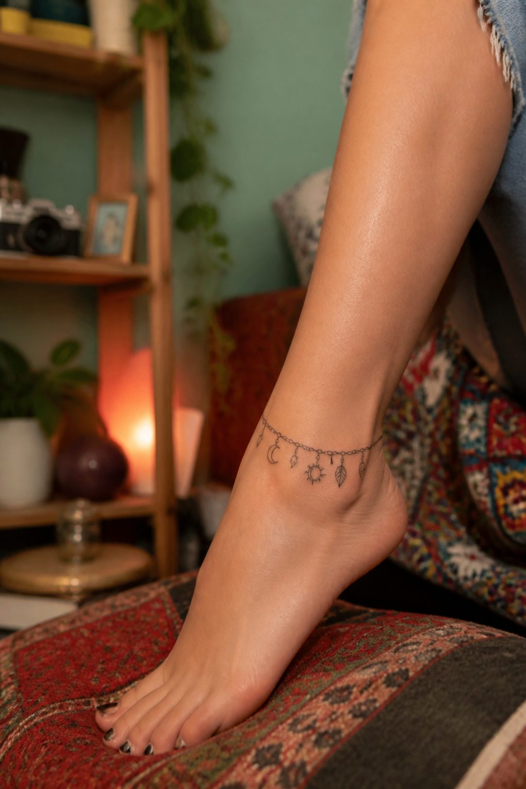 A charm anklet tattoo with small motifs around the ankle.