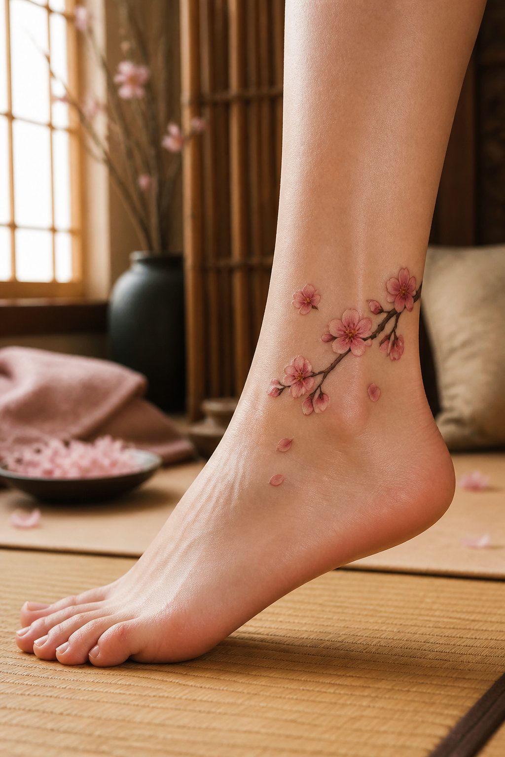 A cherry blossom tattoo on the ankle.