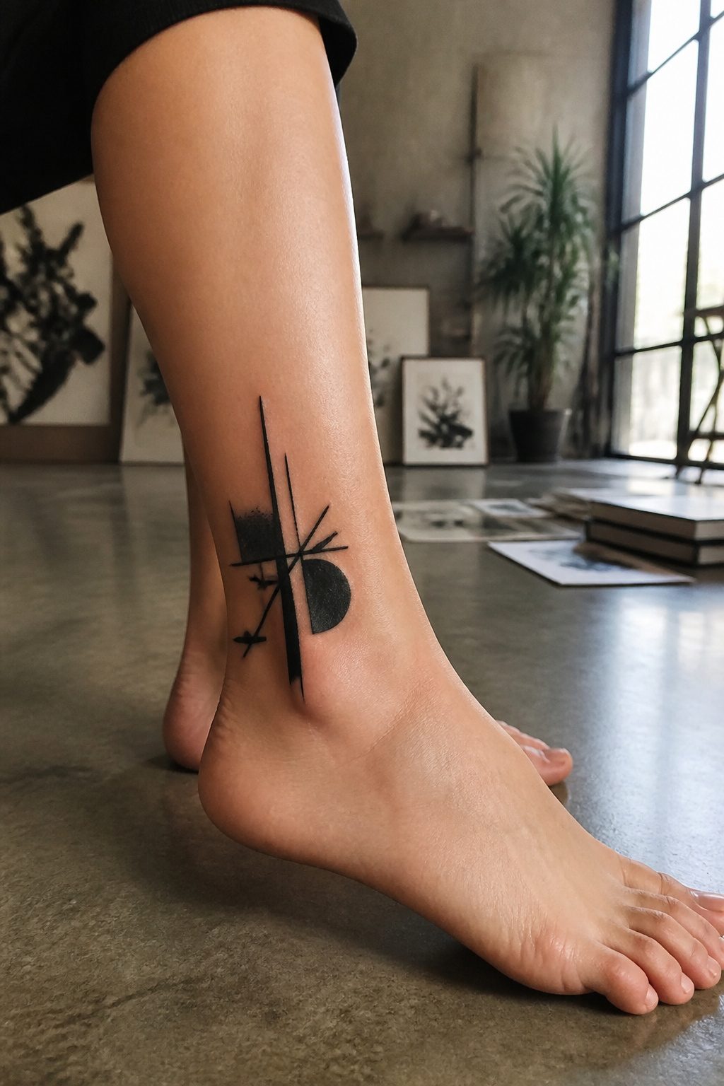 A graphic tattoo with bold lines on the ankle.
