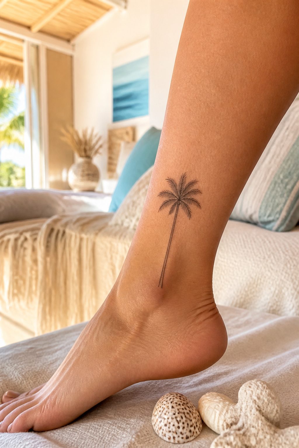 A palm tree tattoo on the outer ankle.