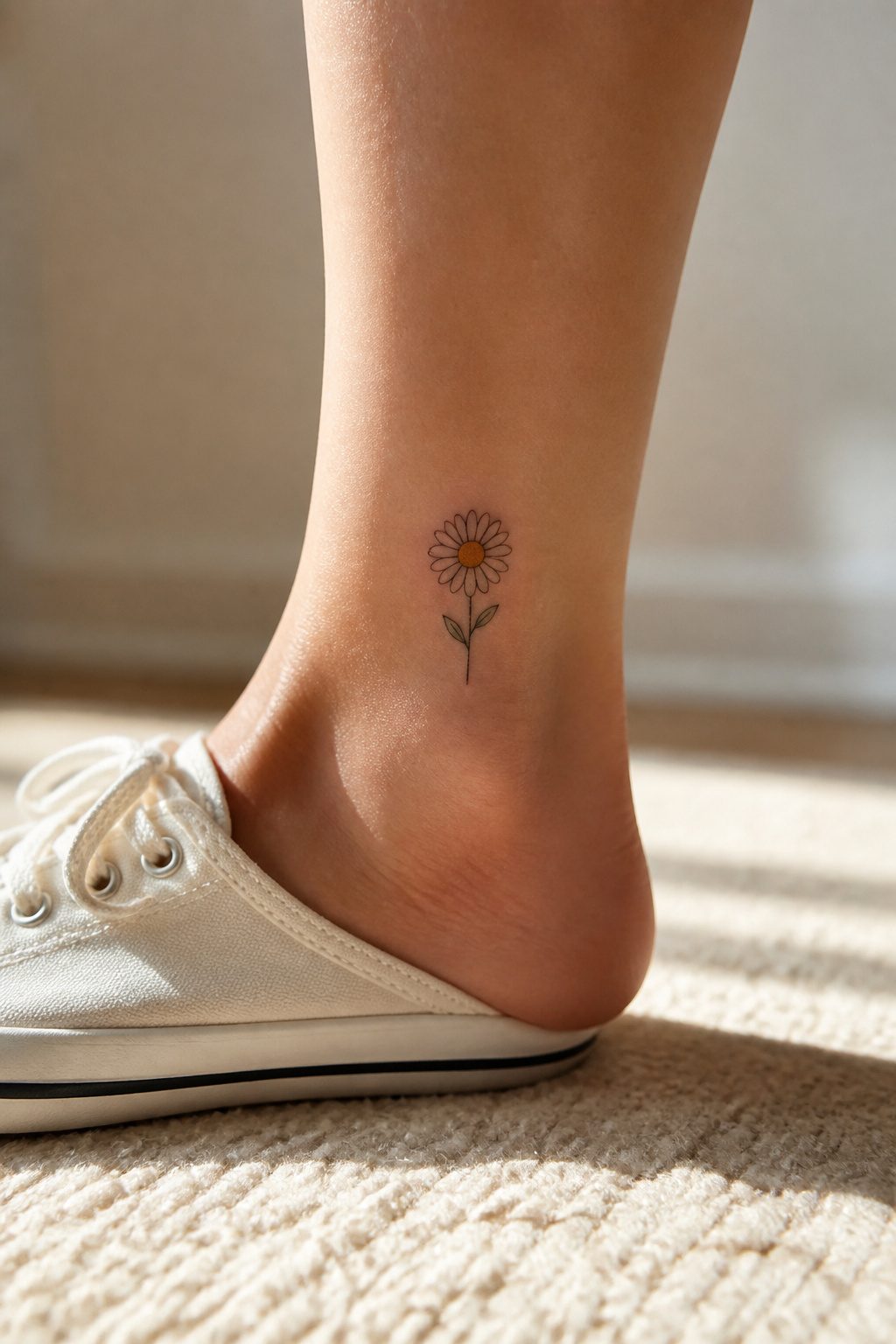 A daisy tattoo located on the ankle.