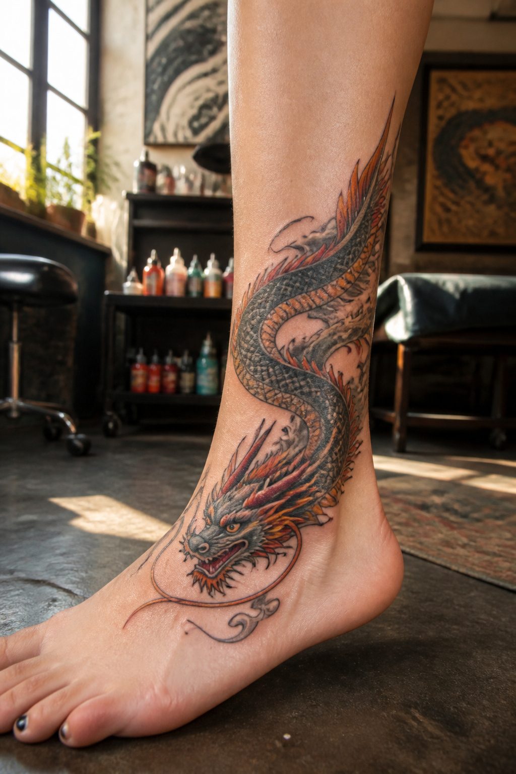A dragon tattoo wrapping around the ankle.
