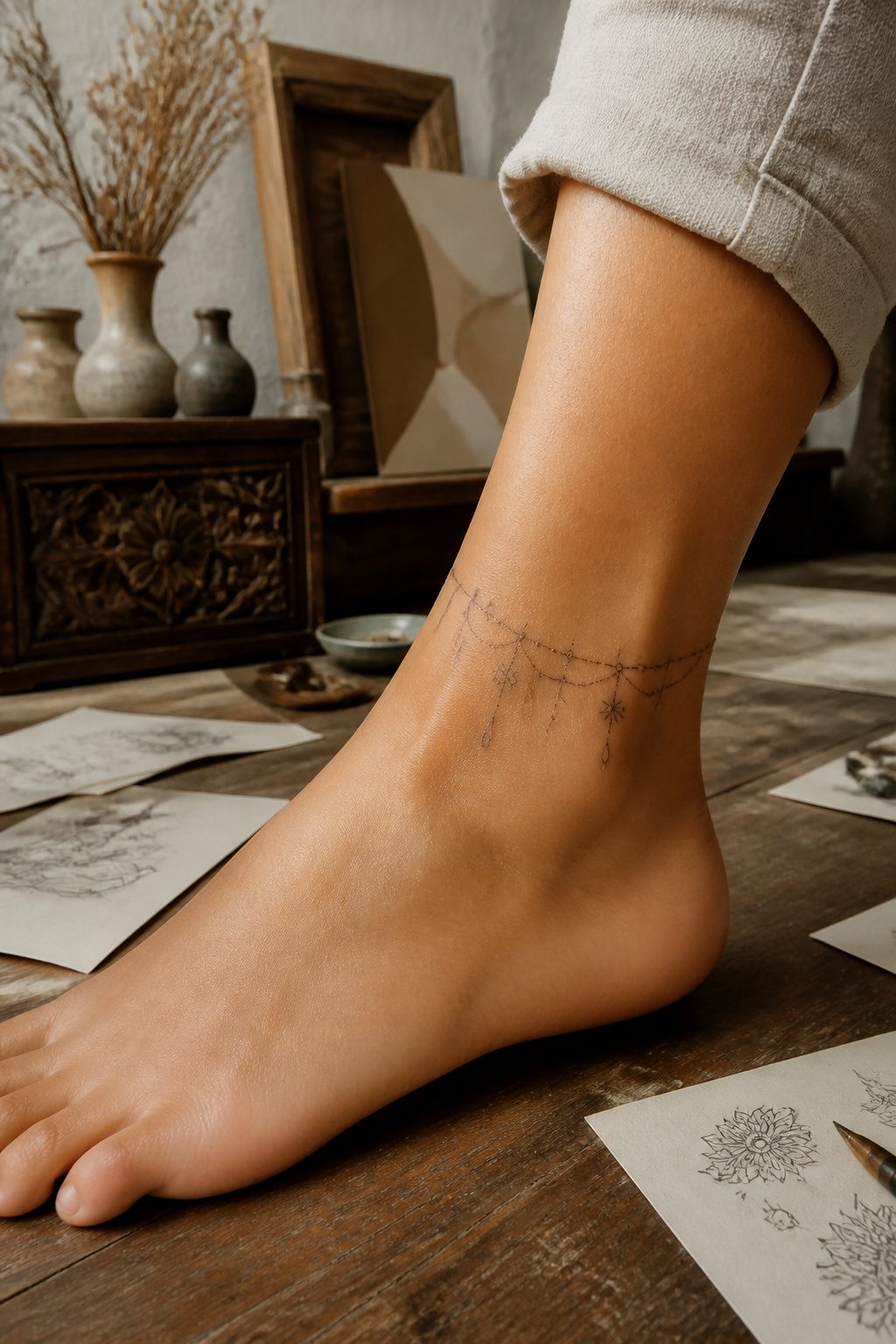 A fine line ankle bracelet tattoo with charm motifs.