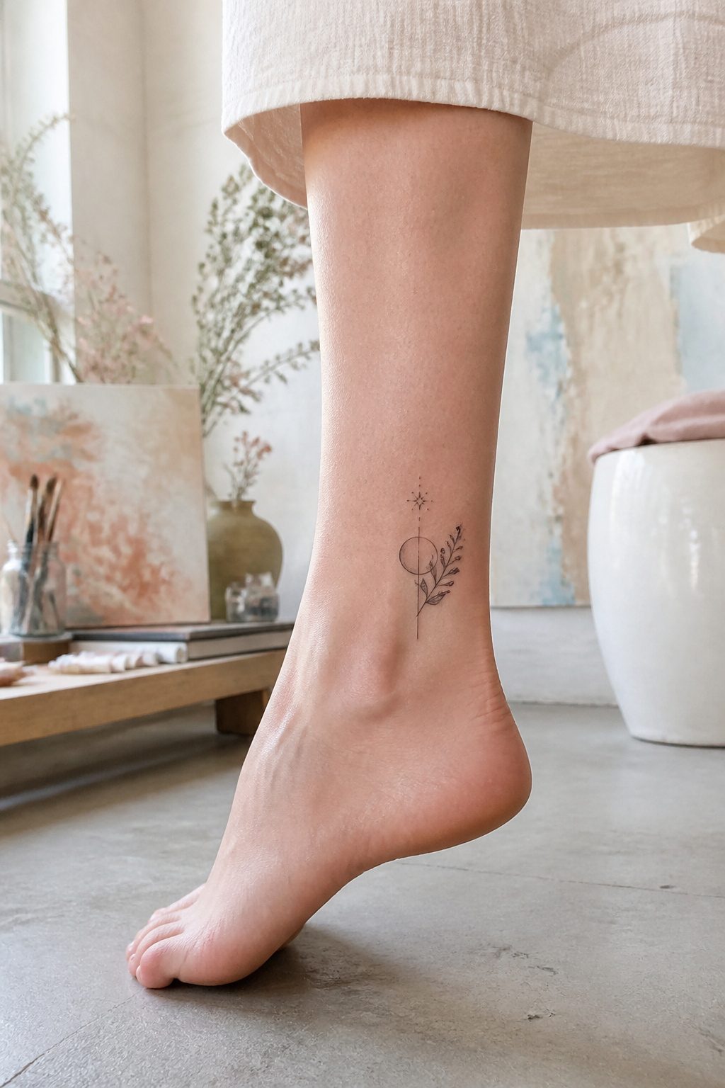 A fine line tattoo featuring intricate designs on the ankle.