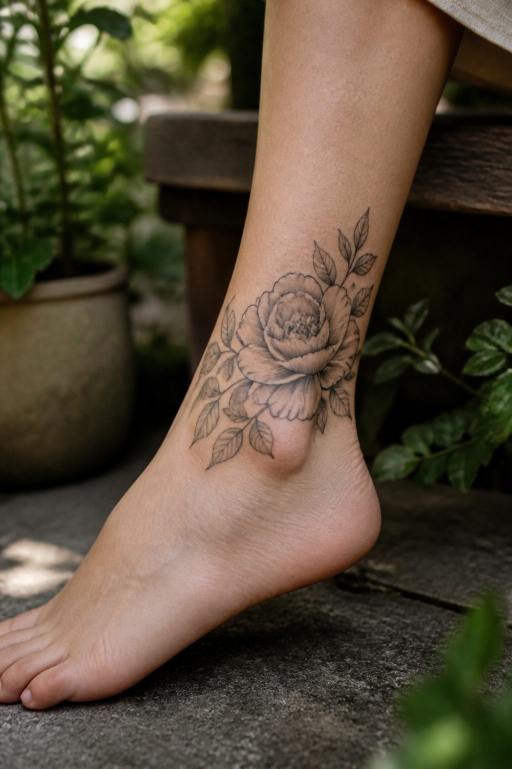 A flower tattoo depicting a rose on the ankle.