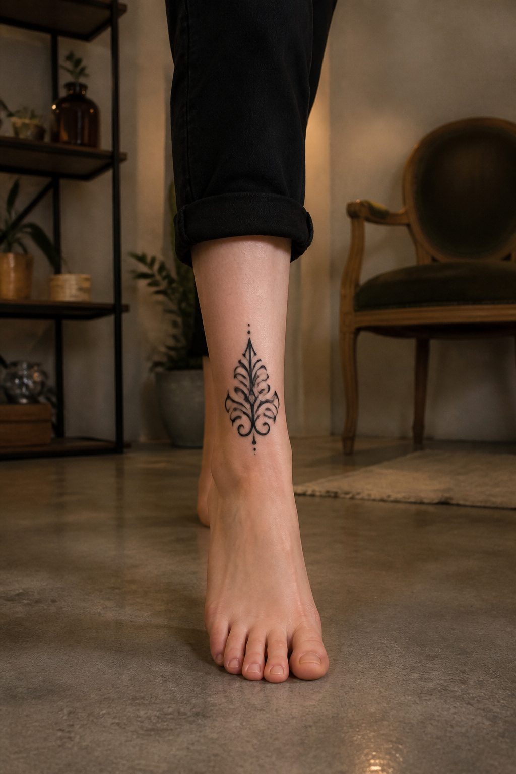 A bold design tattoo on the front of the ankle.