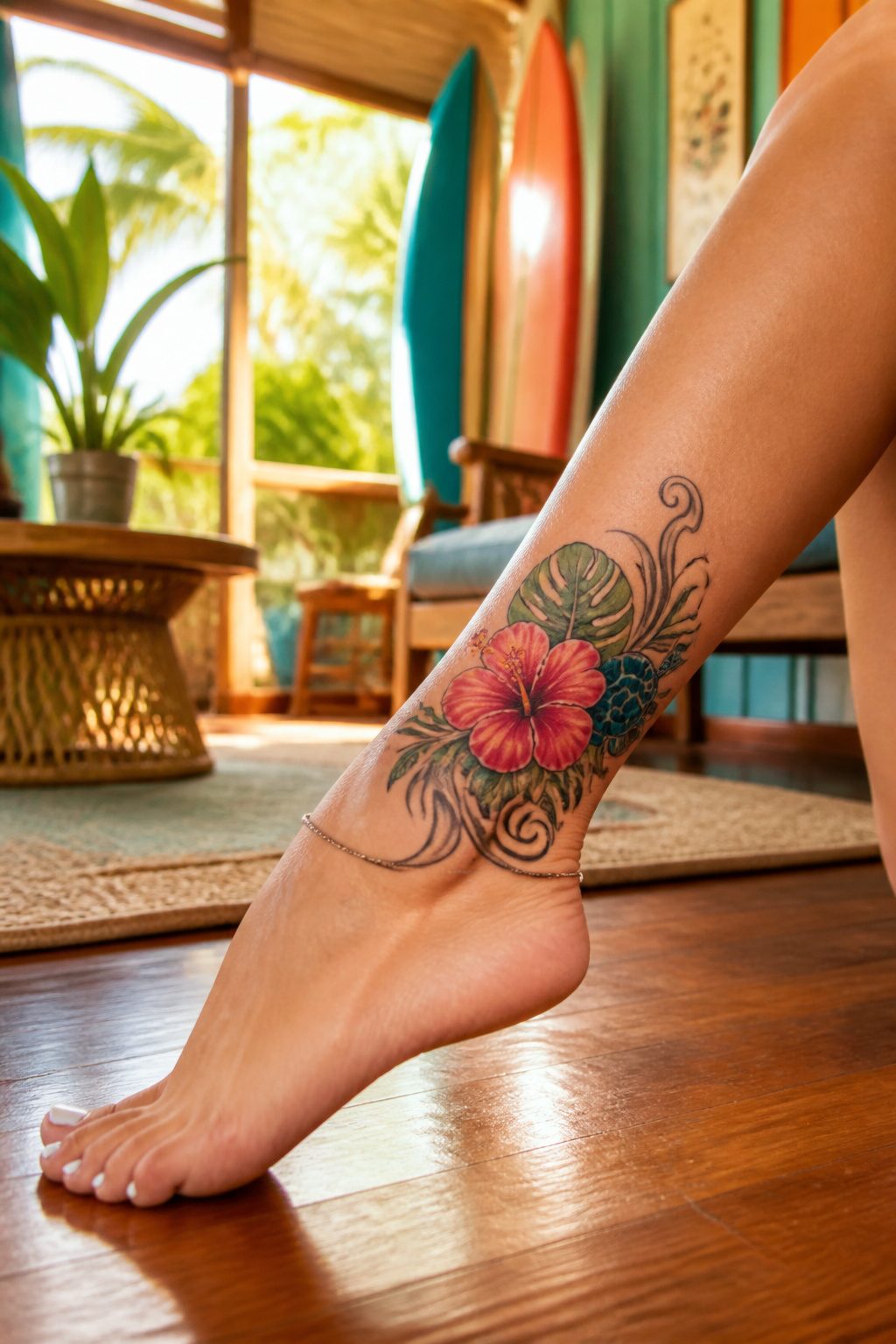 A Hawaiian-themed tattoo on the ankle.
