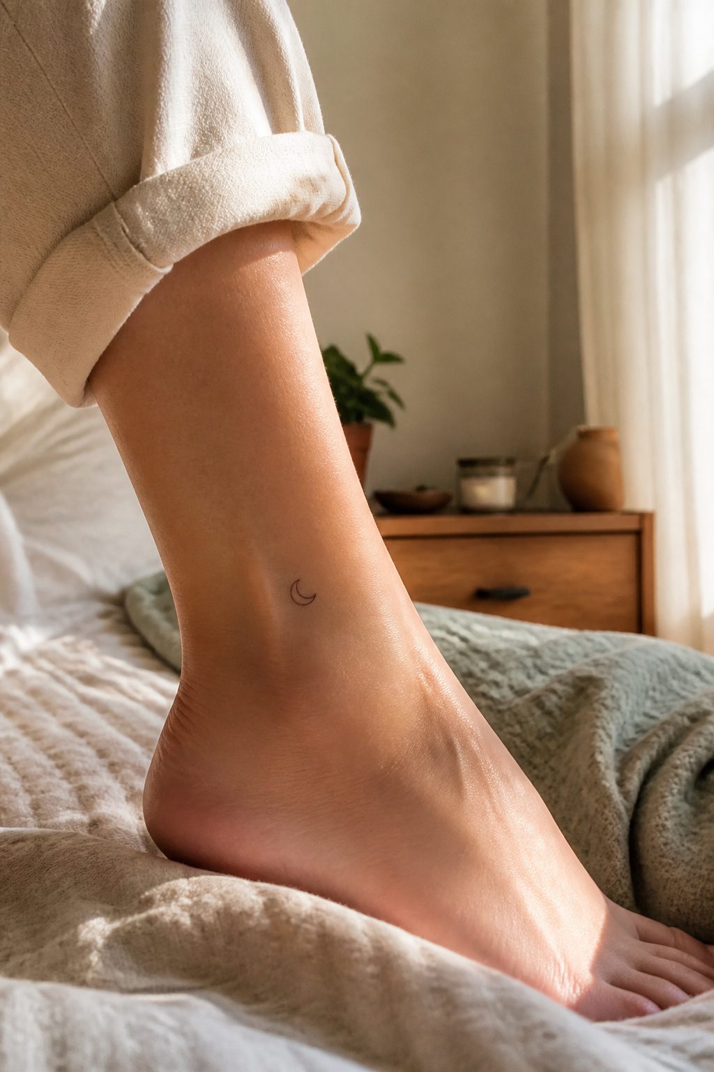 A tiny moon tattoo on the inner ankle.