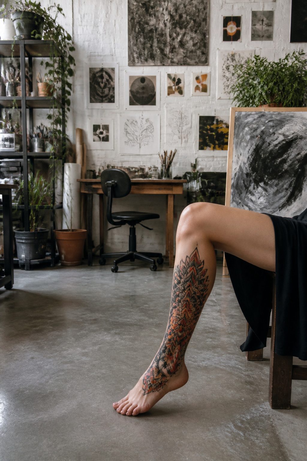 A large tattoo wrapping around the ankle.