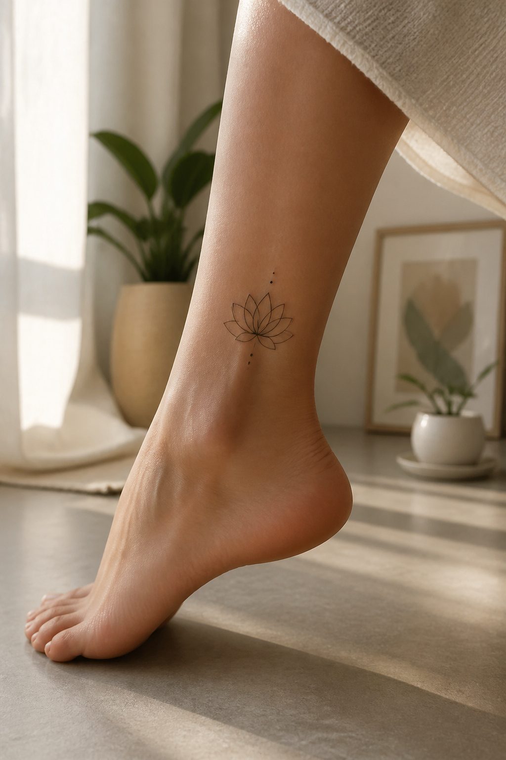 A lotus flower tattoo on the ankle.