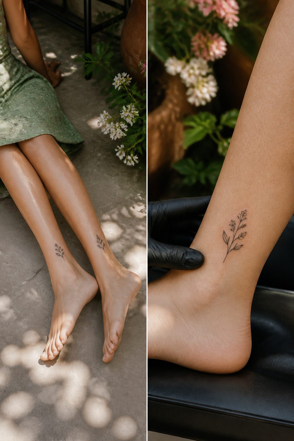 Two matching ankle tattoos with simple designs.