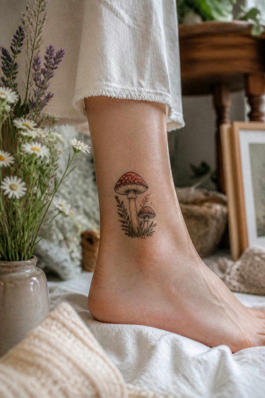 A mushroom tattoo situated around the ankle.