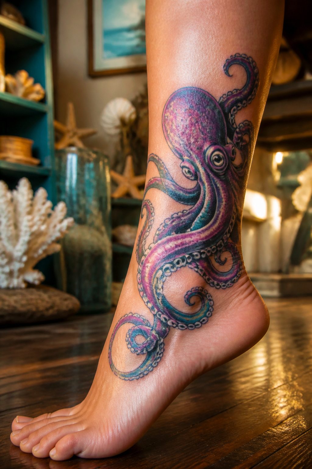 An octopus tattoo encircling the ankle.