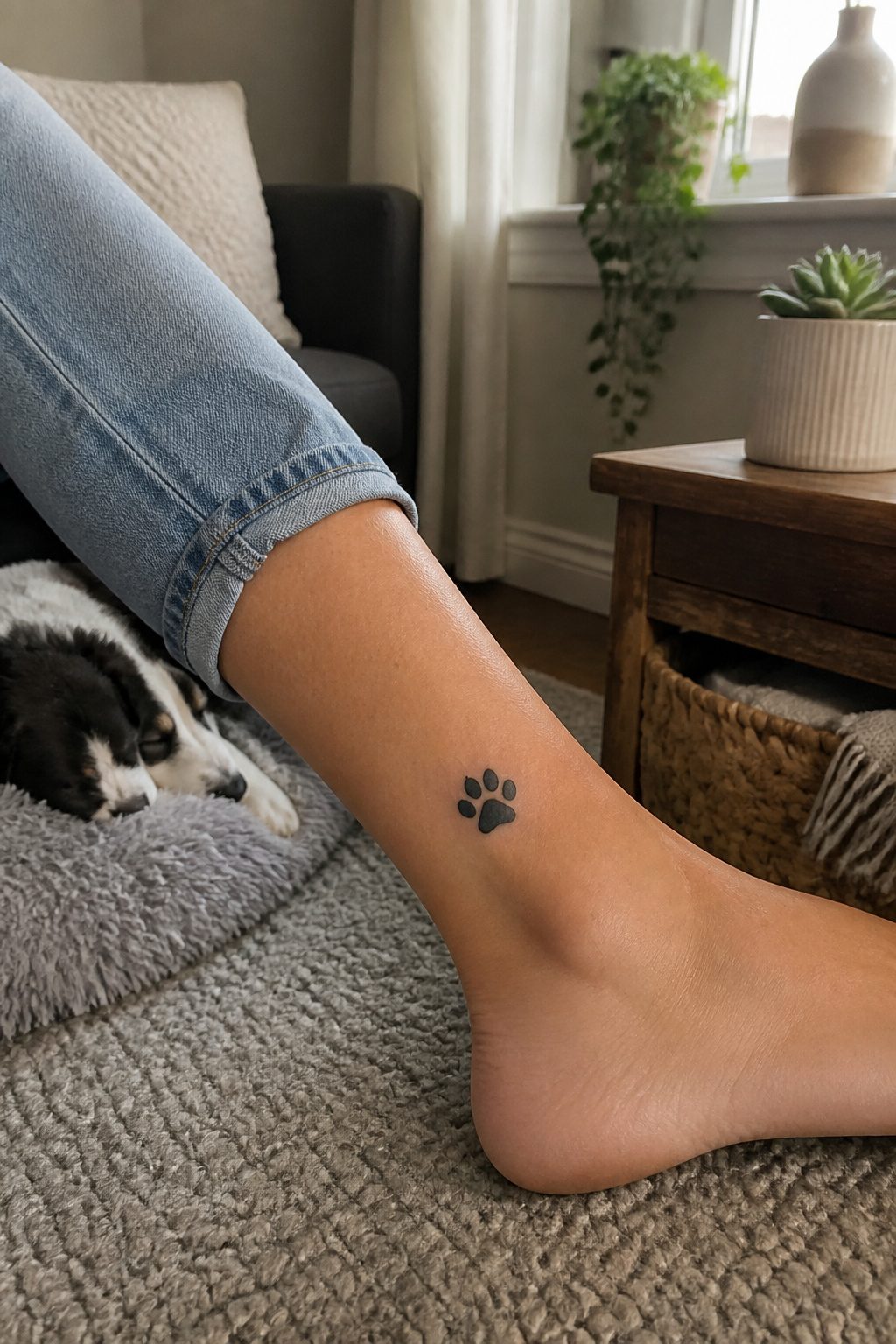 A paw print tattoo situated on the ankle.