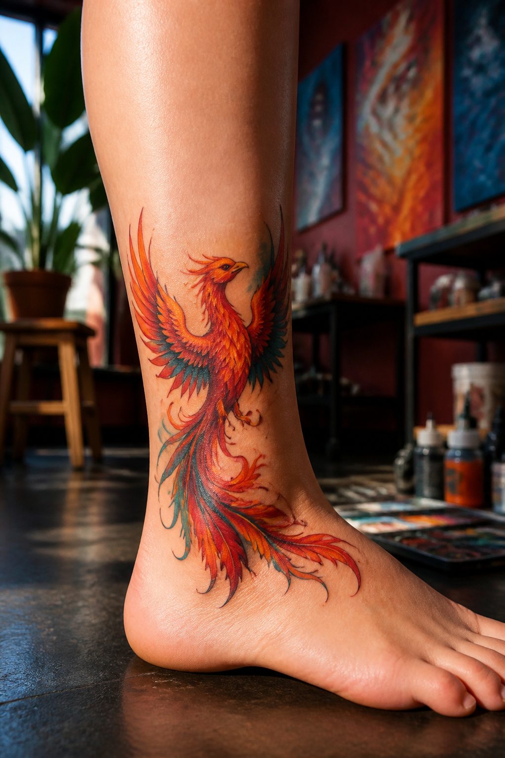 A phoenix tattoo on the ankle.