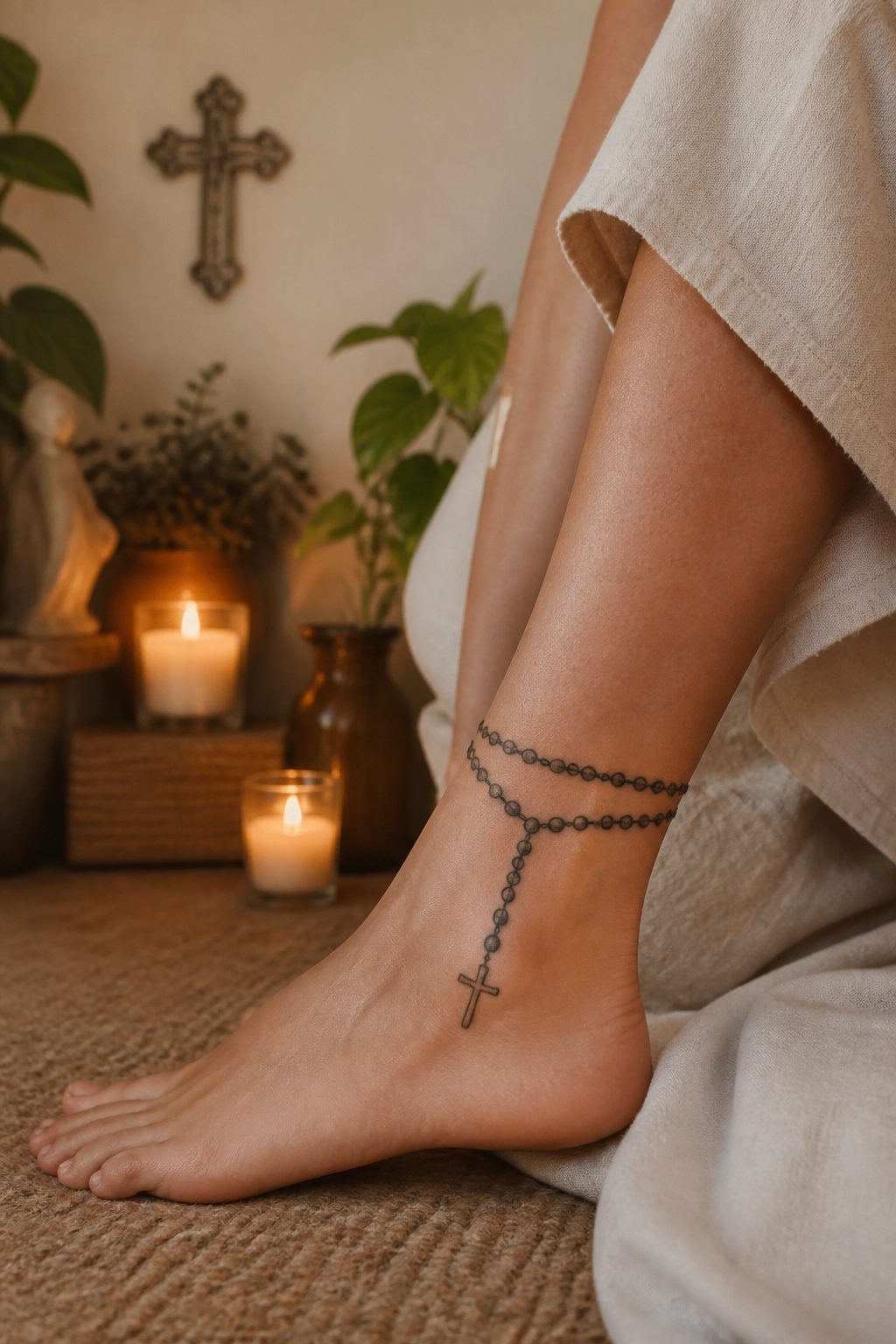 A rosary tattoo encircling the ankle.