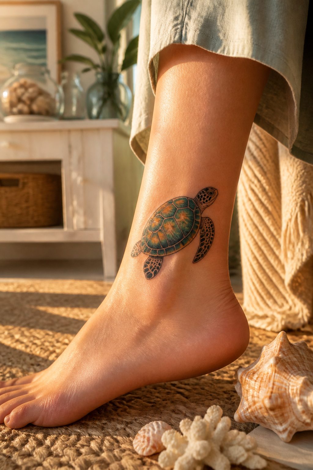 A sea turtle tattoo located on the outer ankle.