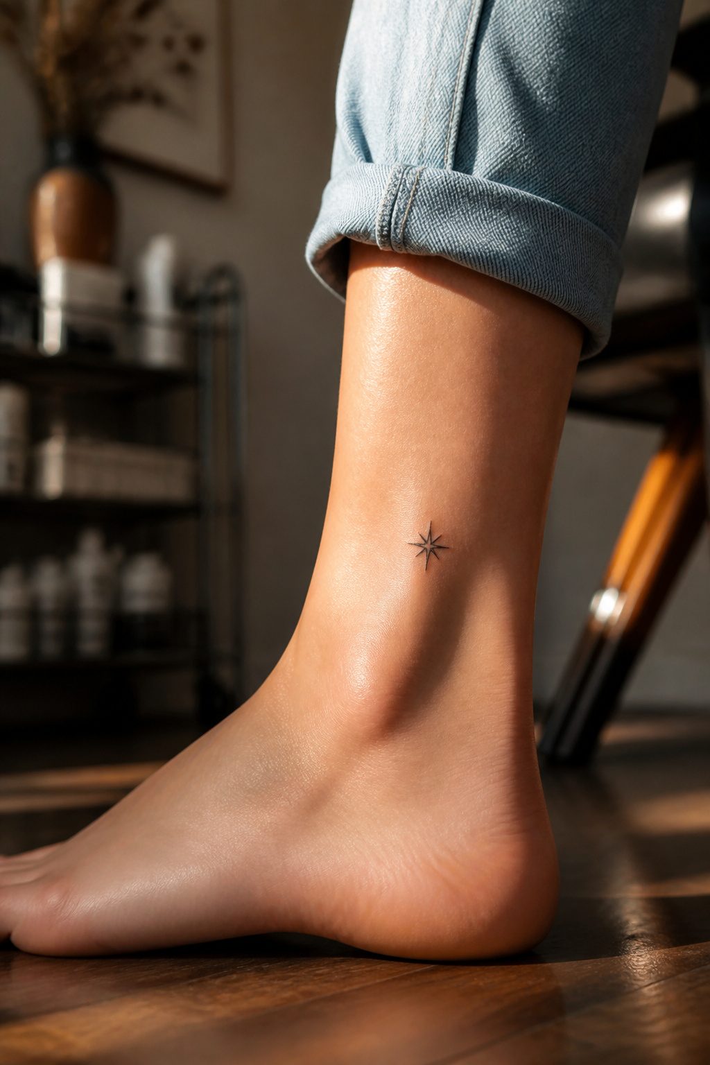 A small star tattoo located above the ankle bone.