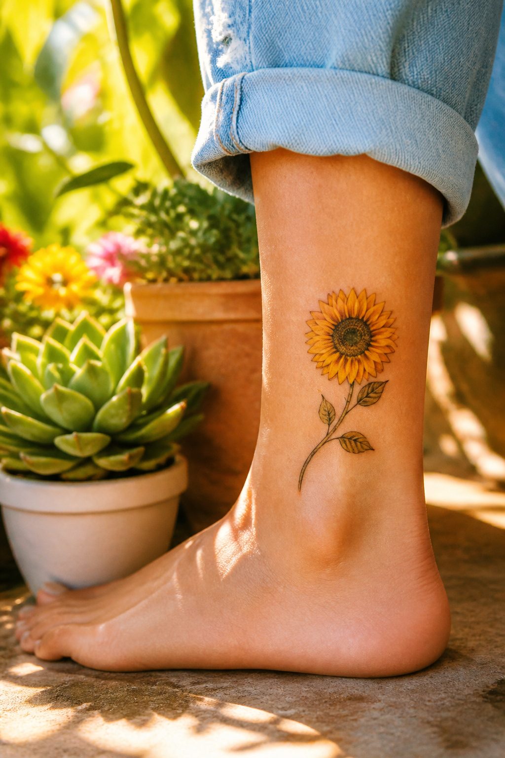 A sunflower tattoo on the ankle with bright petals.