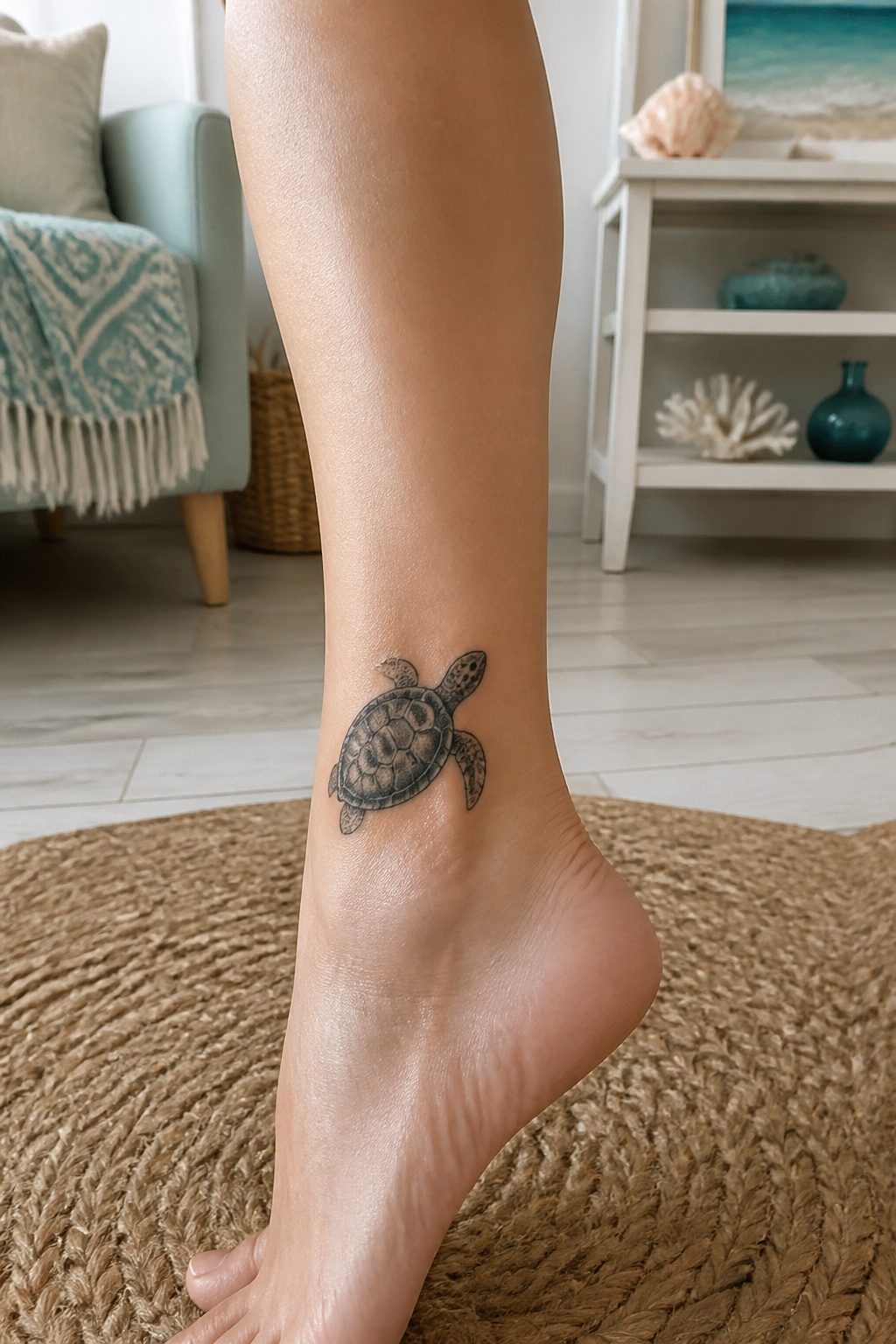A turtle tattoo on the inner ankle.