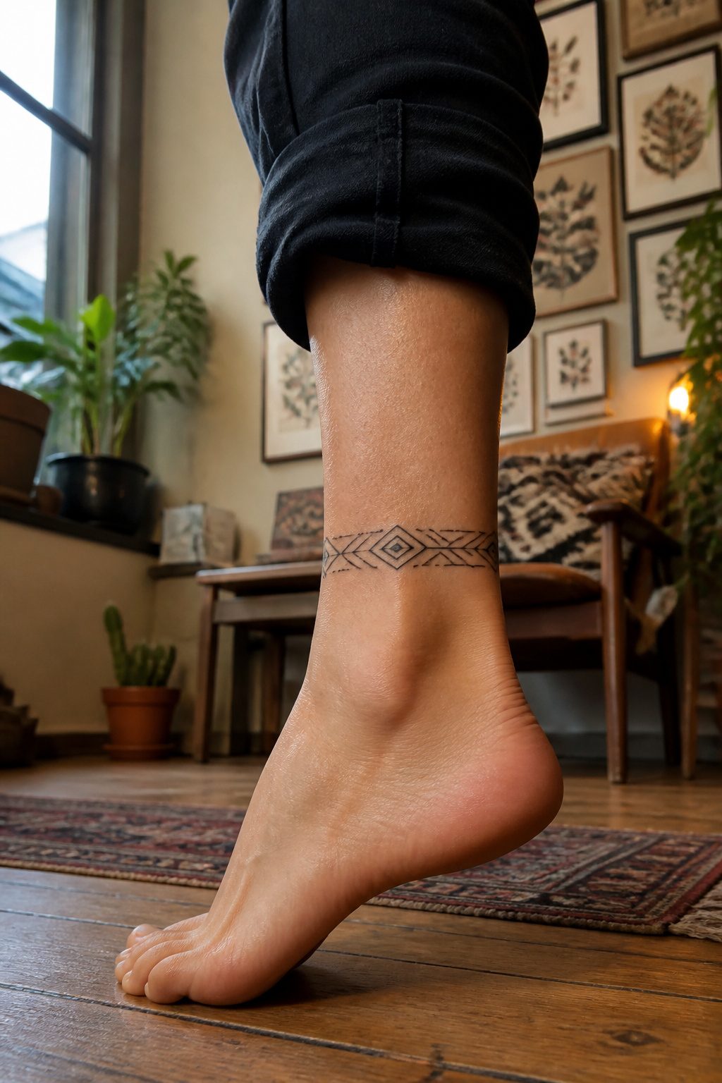 A geometric wrap-around ankle tattoo in black ink.
