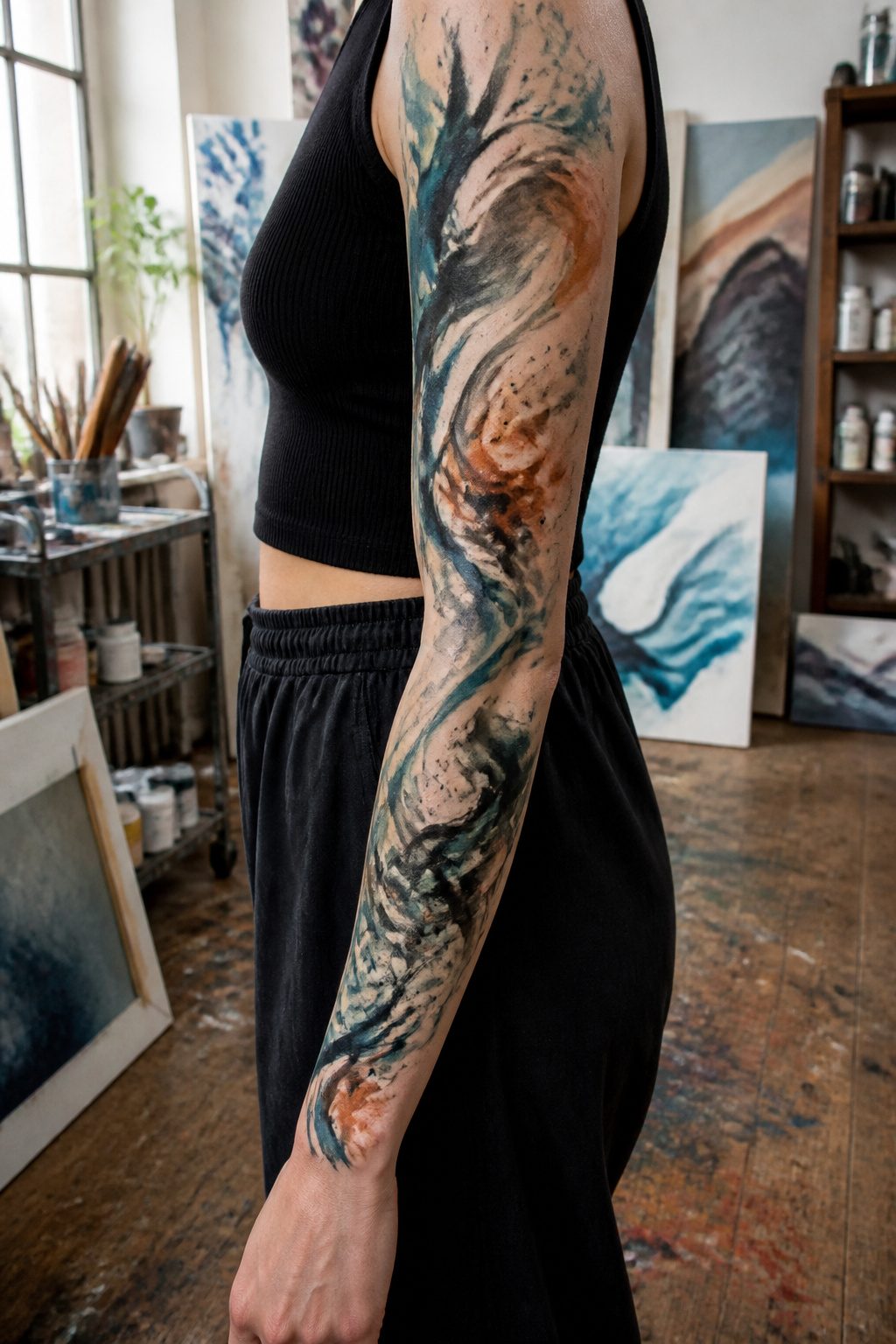 8 Arm Sleeve Tattoos for Women: Styles and Ideas 2026 6 Abstract designs in a full sleeve tattoo with vibrant colors.