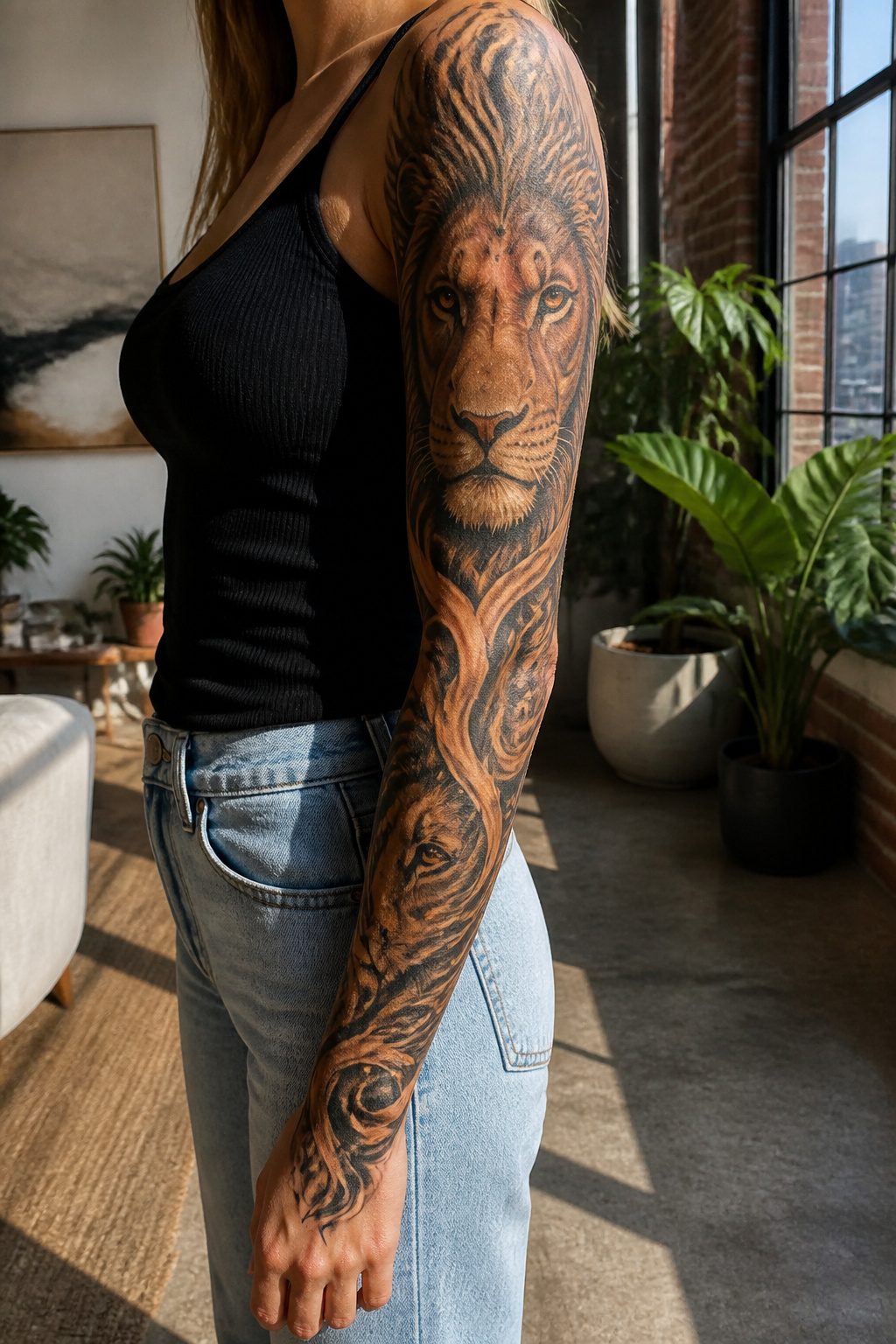 8 Arm Sleeve Tattoos for Women: Styles and Ideas 2026 4 Lion tattoo design on a full sleeve, showcasing strength.