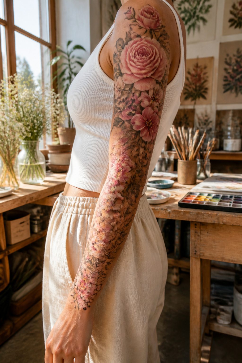 8 Arm Sleeve Tattoos for Women: Styles and Ideas 2026 3 Floral designs in a full sleeve tattoo wrapping around the arm.