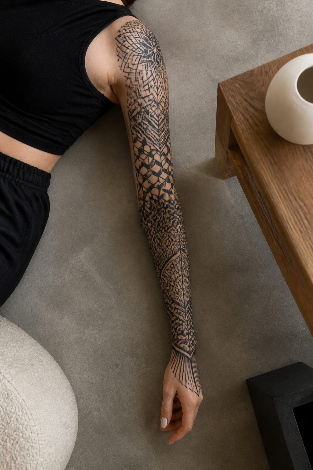 8 Arm Sleeve Tattoos for Women: Styles and Ideas 2026 5 Geometric patterns in a full sleeve tattoo.