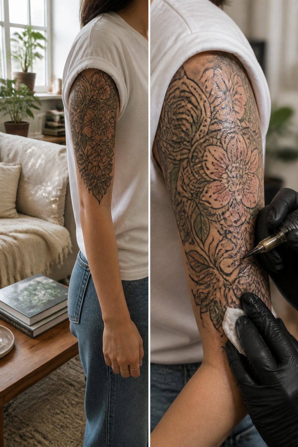 8 Arm Sleeve Tattoos for Women: Styles and Ideas 2026 2 Half-sleeve tattoo design on the upper arm.