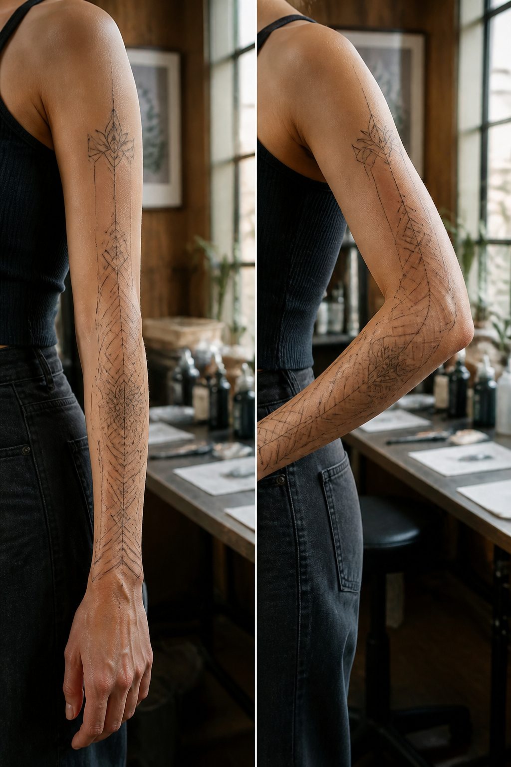 8 Arm Sleeve Tattoos for Women: Styles and Ideas 2026 13 Illustration of how arm position changes tattoo design perception.