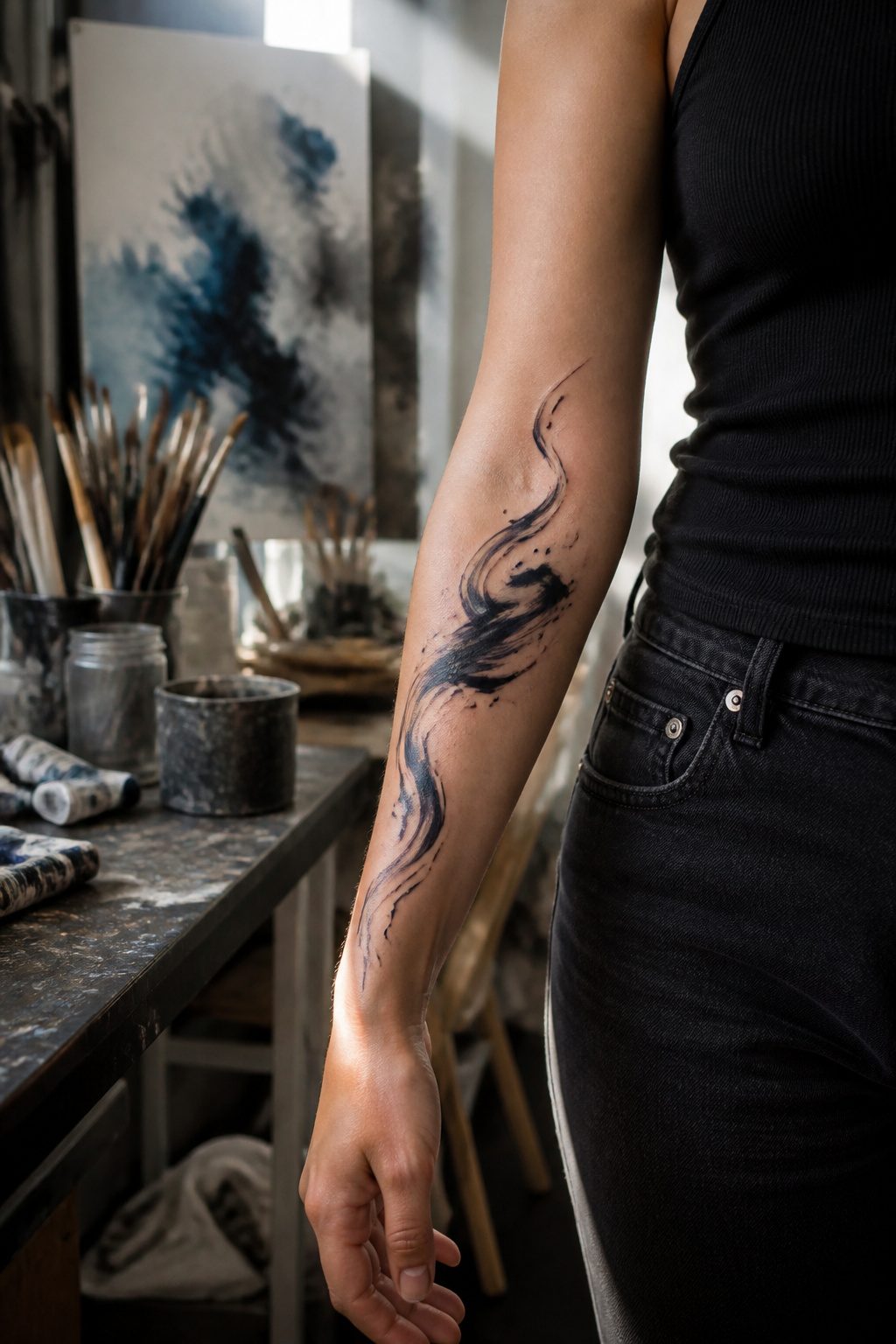 An abstract tattoo with indigo strokes on the forearm.