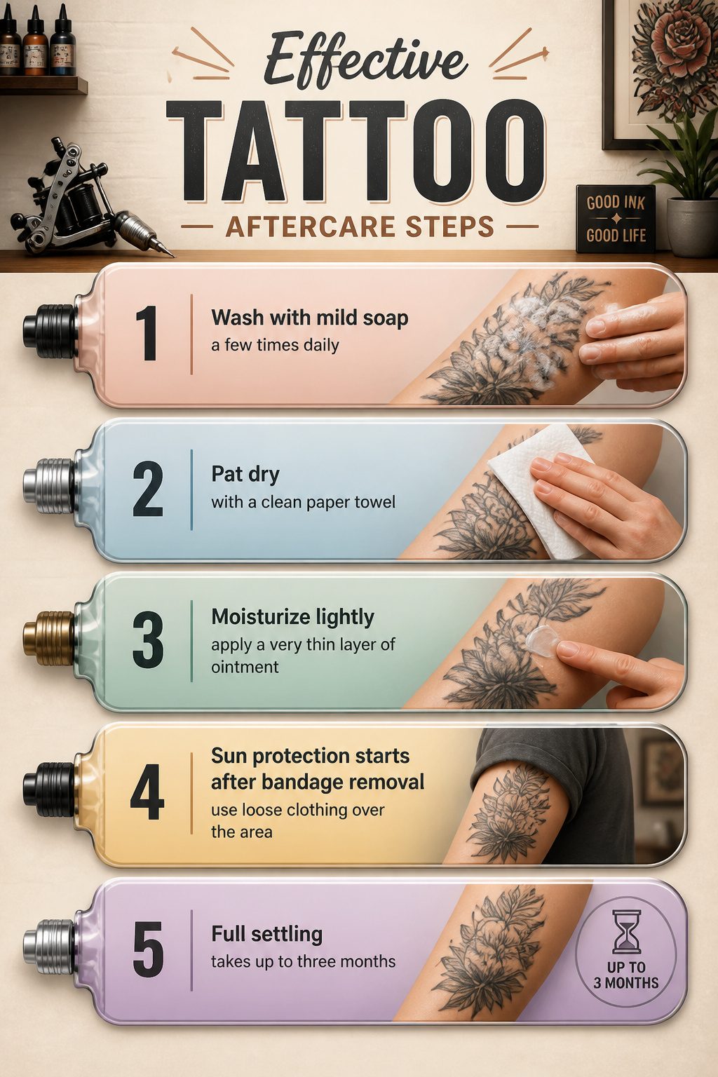 A list of aftercare steps for maintaining tattoos.