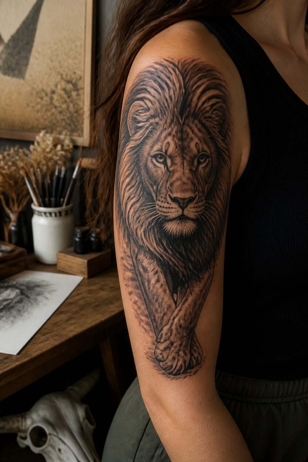 A detailed lion tattoo with vibrant ink on the upper arm.