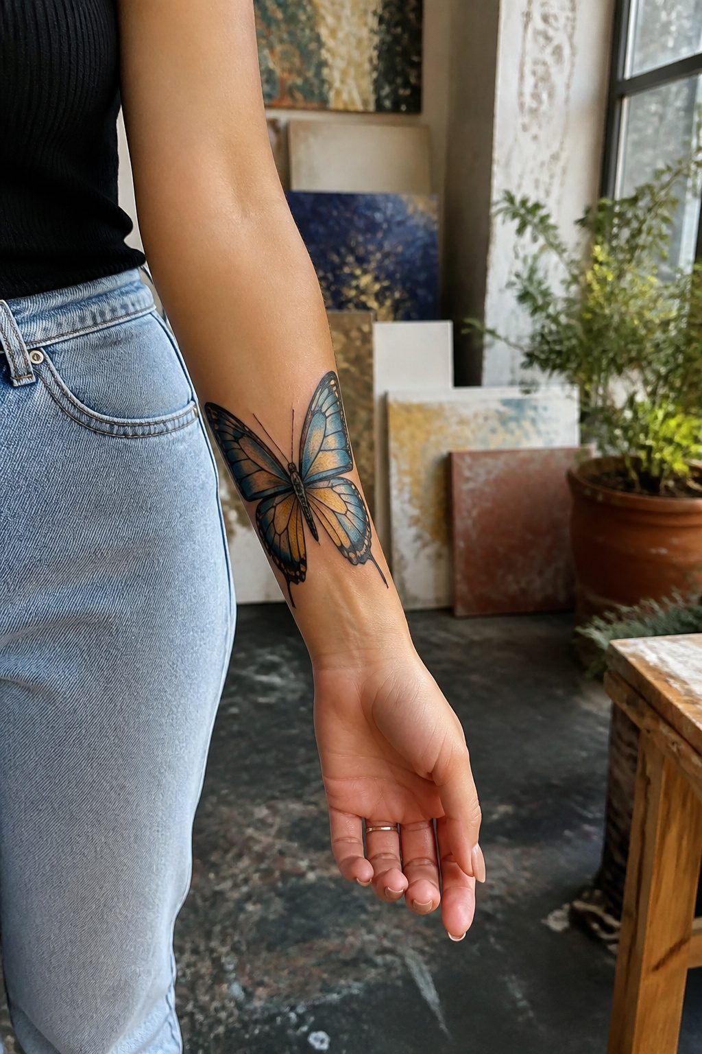 A colorful butterfly tattoo with cobalt and gold hues on the forearm.