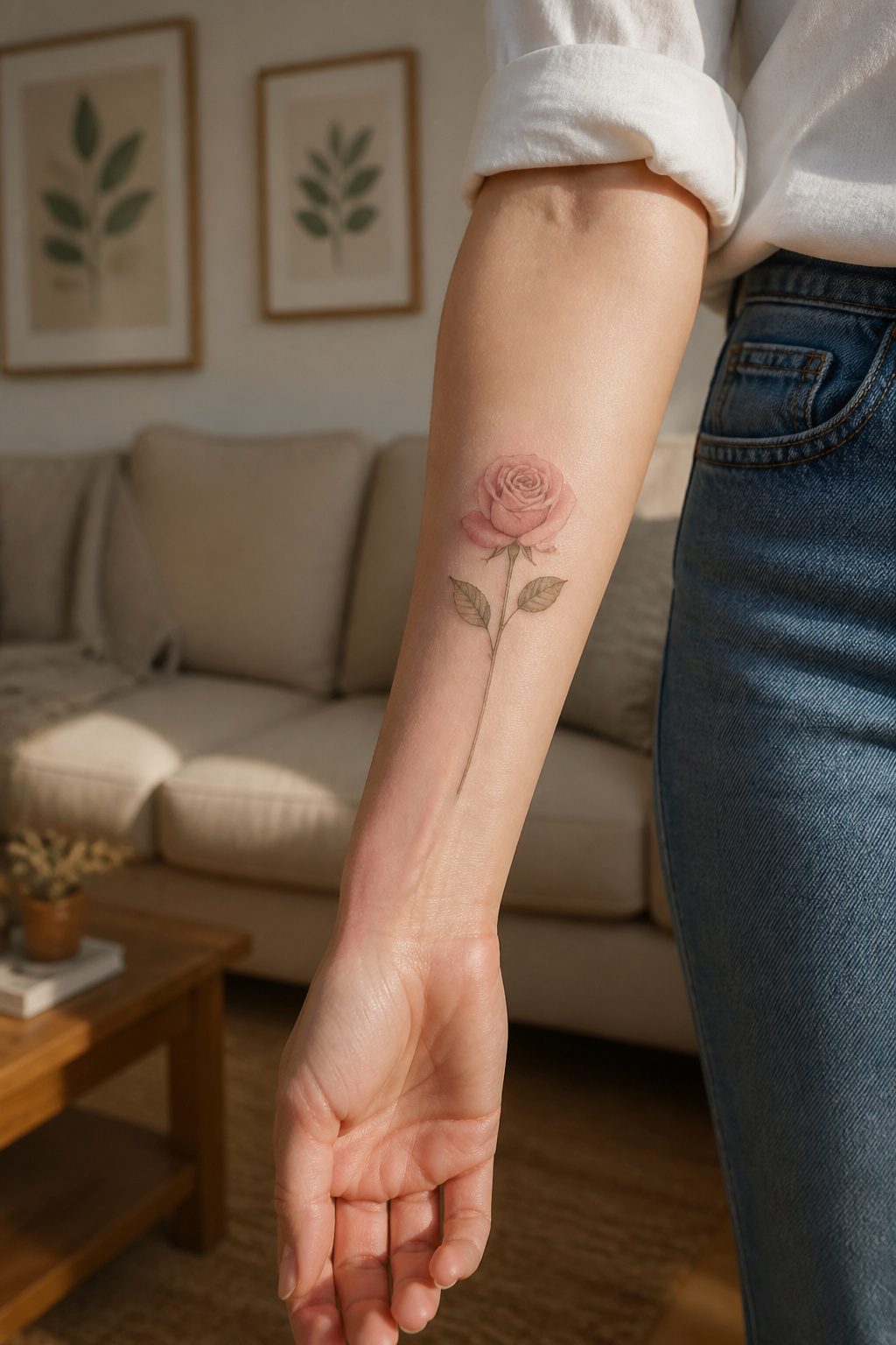A soft pink rose tattoo on pale skin with fine line work.