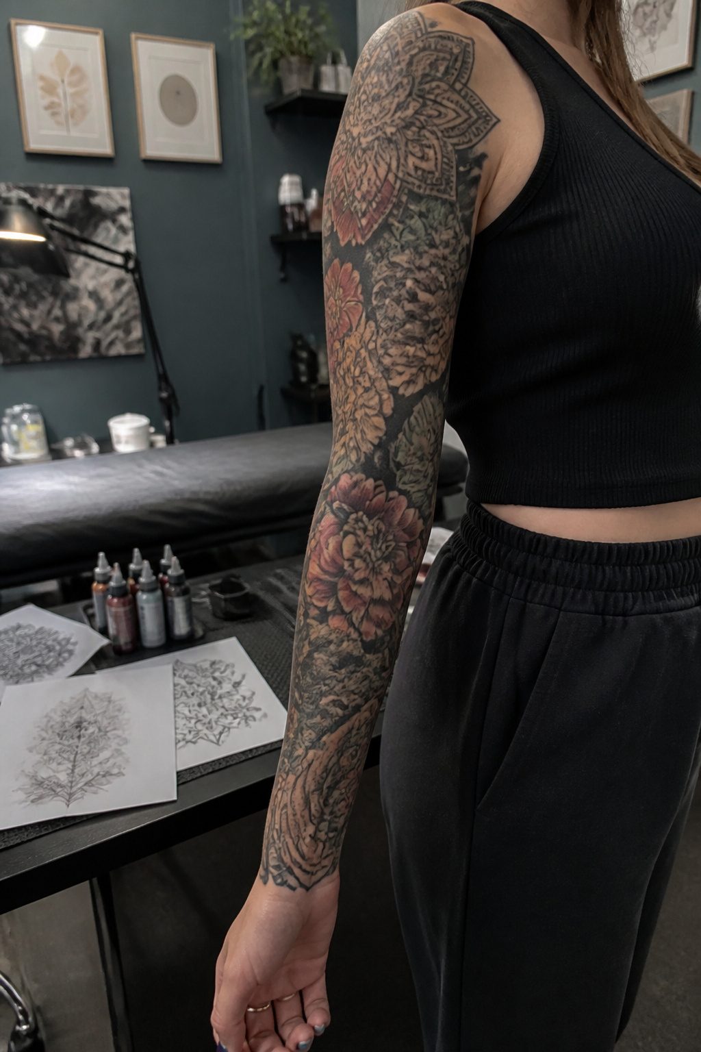A full sleeve tattoo featuring a blend of colors and designs.