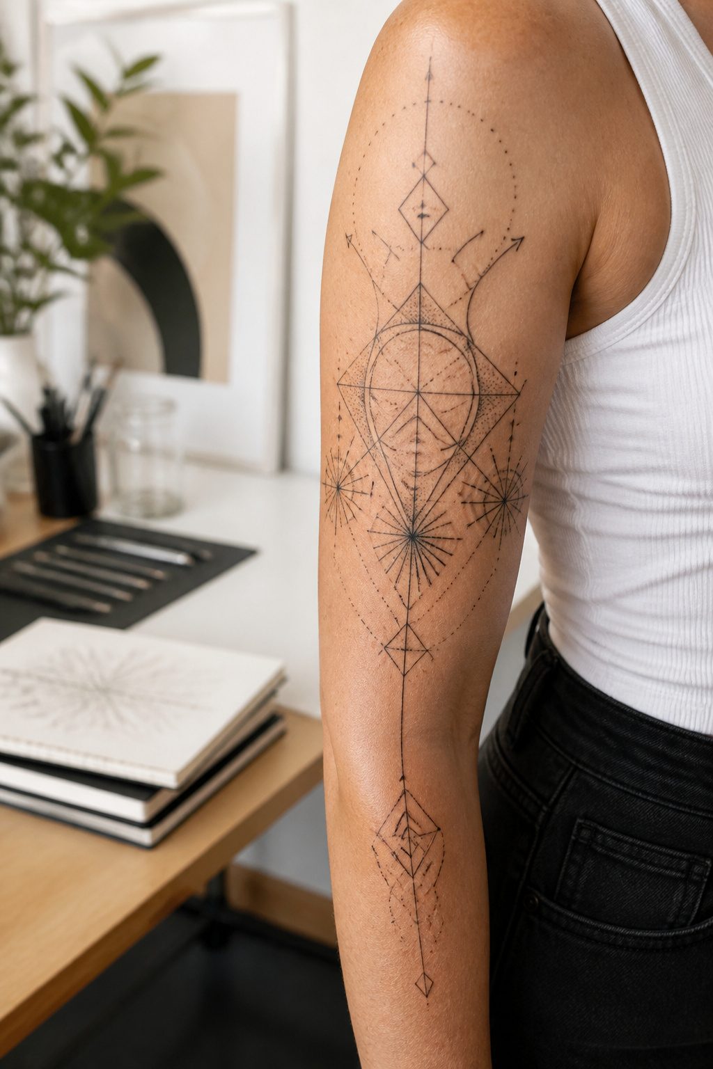 An intricate geometric tattoo with sharp lines on the upper arm.