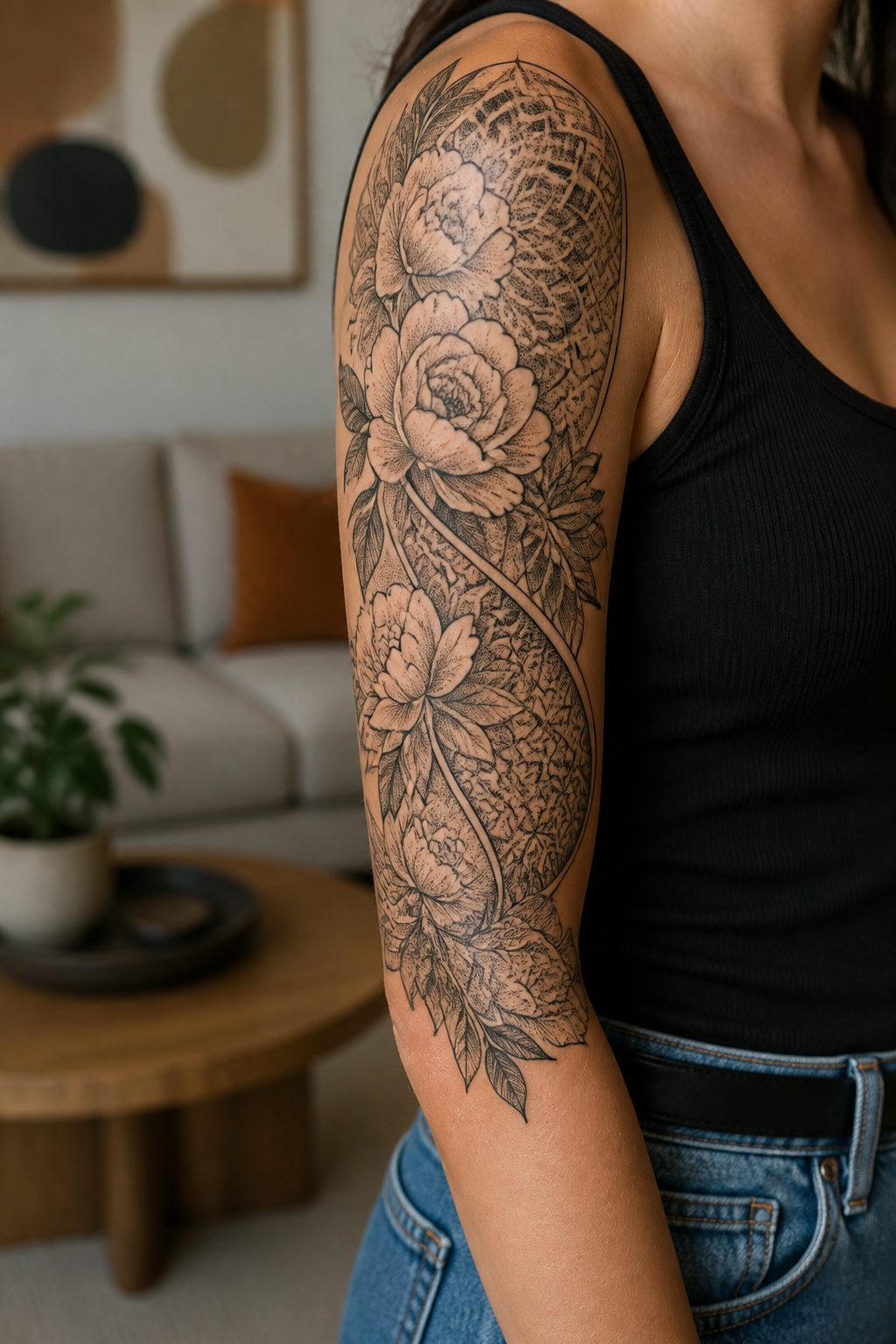 A half sleeve tattoo combining geometric patterns and floral elements.