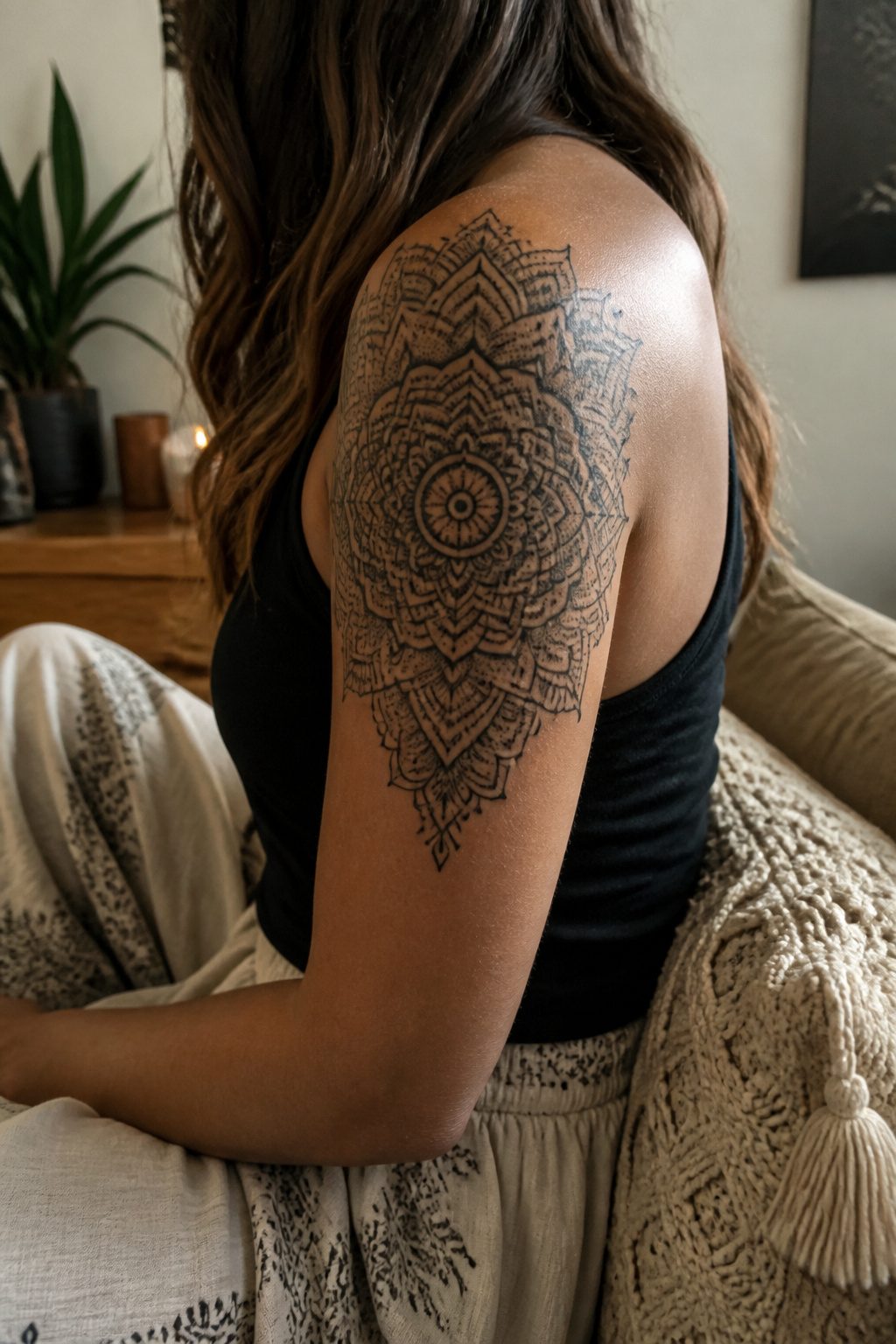 An intricate mandala tattoo with circular patterns on the upper arm.
