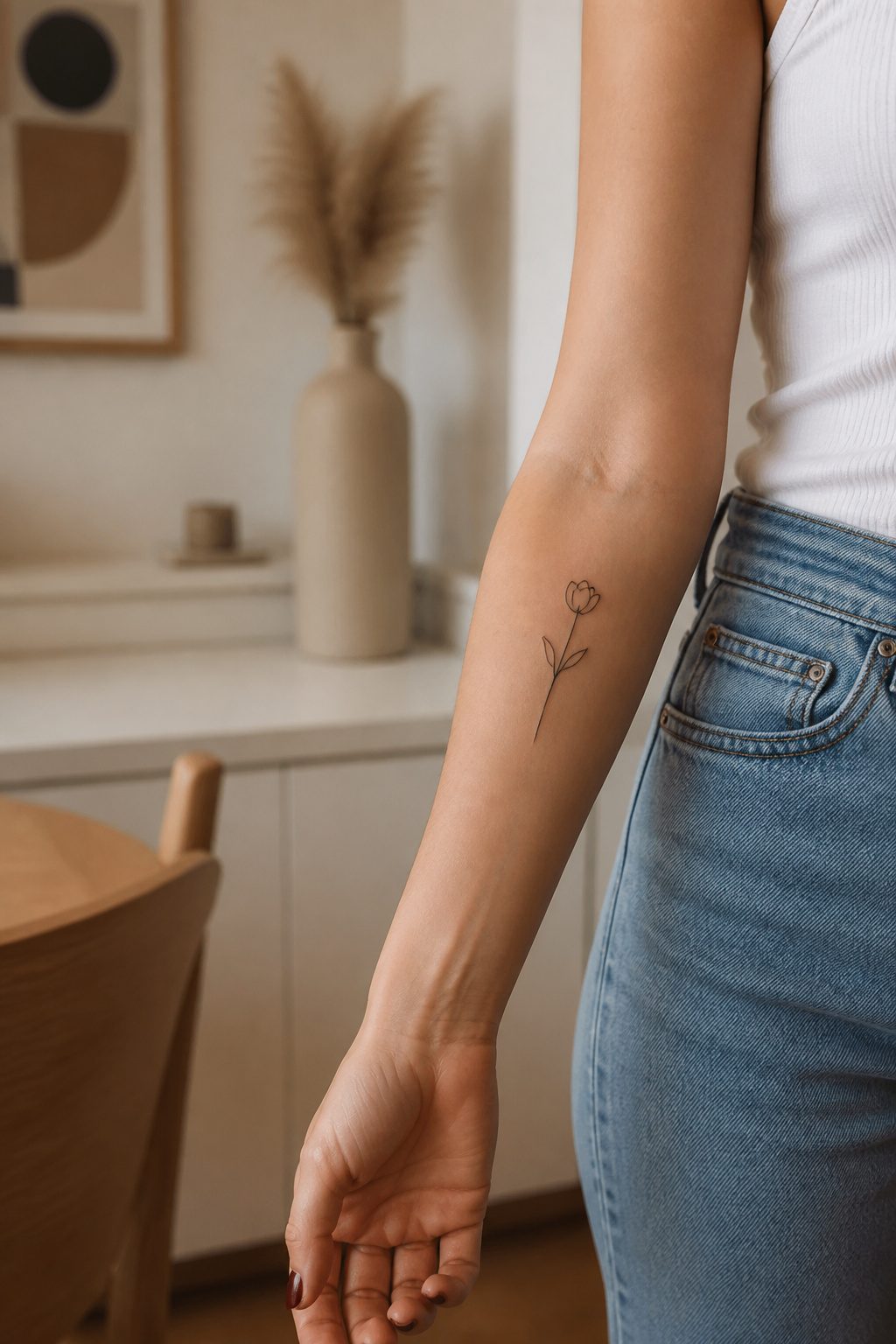 A minimalist tattoo with a single-line design on the inner forearm.