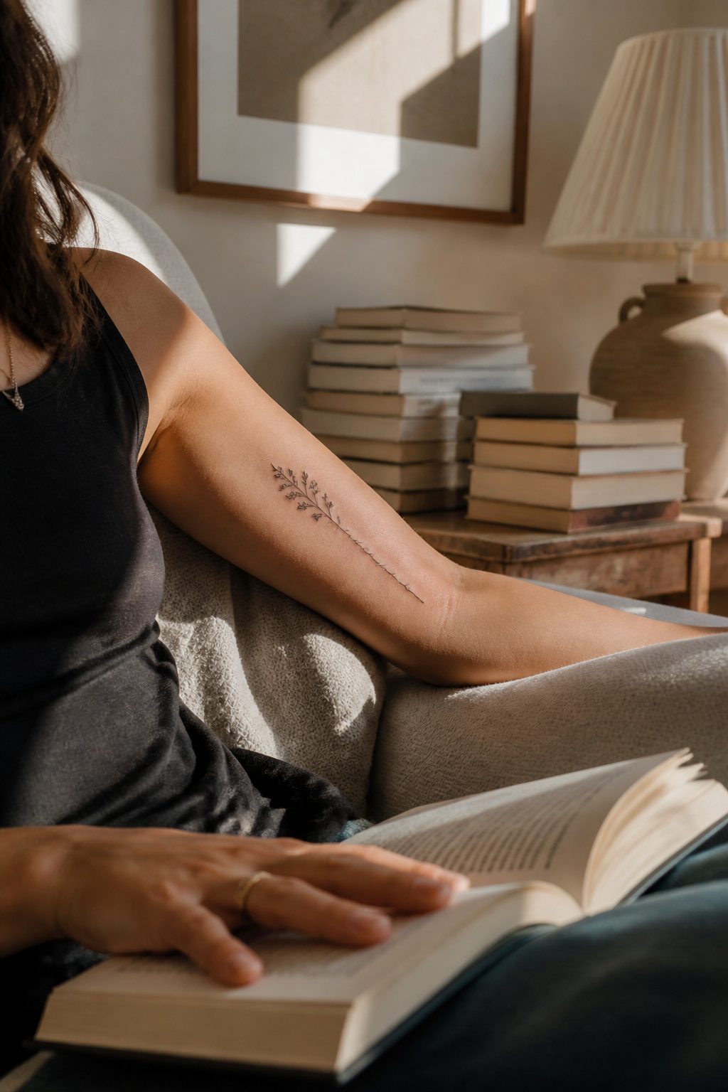 A fine line quote tattoo written in delicate script on the inner bicep.